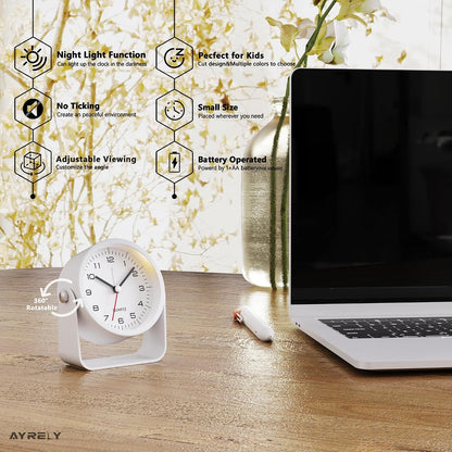® 3.5" Small Analog Travel Alarm Clock, Battery Operated Desk Clock