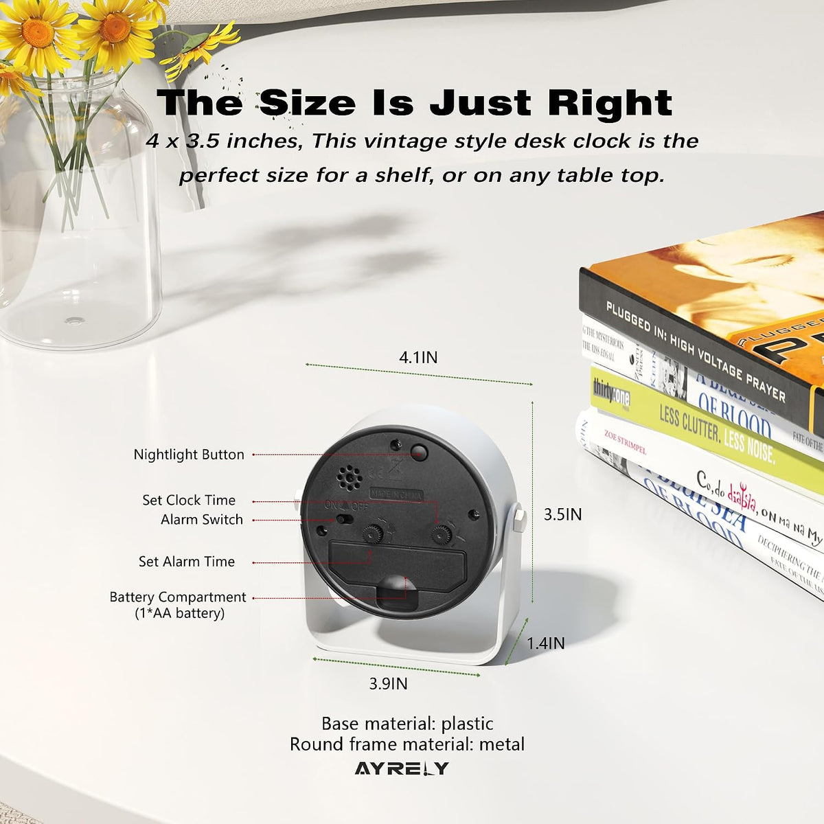 ® 3.5" Small Analog Travel Alarm Clock, Battery Operated Desk Clock
