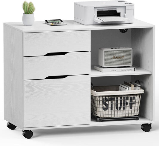 DUMOS File Cabinet 3 Drawer - Storage Filing Cabinets Office Drawers White Printer Stand Lateral Mobile Under Desk Organizer Wooden with Wheels Adjustable Shelves for Home, Room, Small Spaces, White