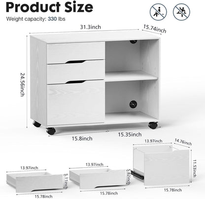 DUMOS File Cabinet 3 Drawer - Storage Filing Cabinets Office Drawers White Printer Stand Lateral Mobile Under Desk Organizer Wooden with Wheels Adjustable Shelves for Home, Room, Small Spaces, White
