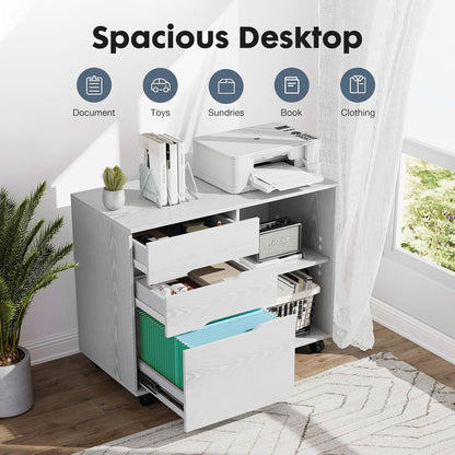 DUMOS File Cabinet 3 Drawer - Storage Filing Cabinets Office Drawers White Printer Stand Lateral Mobile Under Desk Organizer Wooden with Wheels Adjustable Shelves for Home, Room, Small Spaces, White