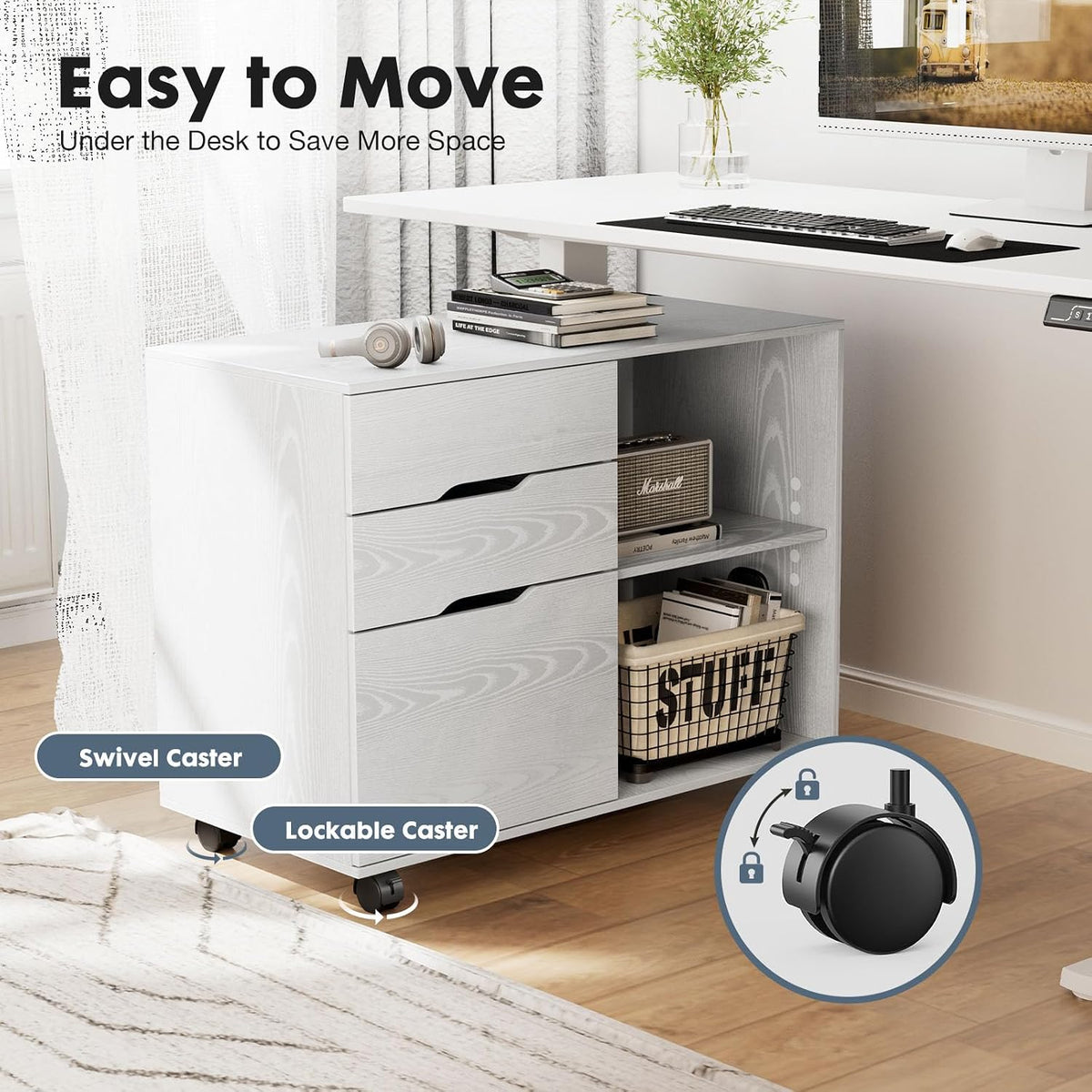 DUMOS File Cabinet 3 Drawer - Storage Filing Cabinets Office Drawers White Printer Stand Lateral Mobile Under Desk Organizer Wooden with Wheels Adjustable Shelves for Home, Room, Small Spaces, White