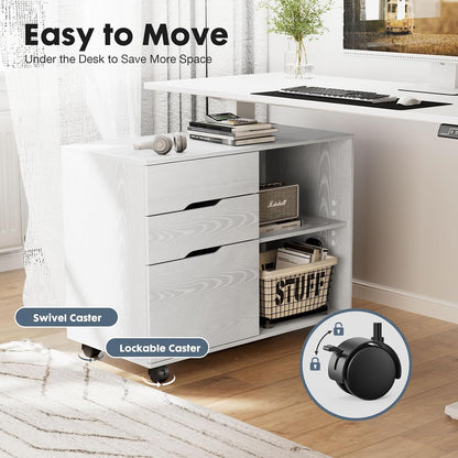 DUMOS File Cabinet 3 Drawer - Storage Filing Cabinets Office Drawers White Printer Stand Lateral Mobile Under Desk Organizer Wooden with Wheels Adjustable Shelves for Home, Room, Small Spaces, White