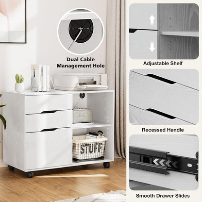 DUMOS File Cabinet 3 Drawer - Storage Filing Cabinets Office Drawers White Printer Stand Lateral Mobile Under Desk Organizer Wooden with Wheels Adjustable Shelves for Home, Room, Small Spaces, White