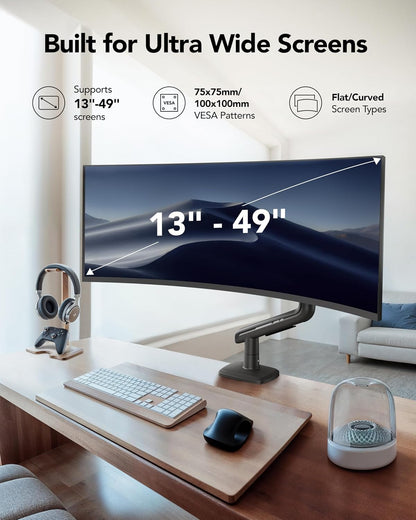 TitanLift Heavy Duty Monitor Arm for Screens up to 49", Holds 44 lbs, Aluminum Ultrawide Screen Monitor Mount, Fully Adjustable Single Gaming Desk Mount with Dual C-Clamp, Max VESA 100x100mm
