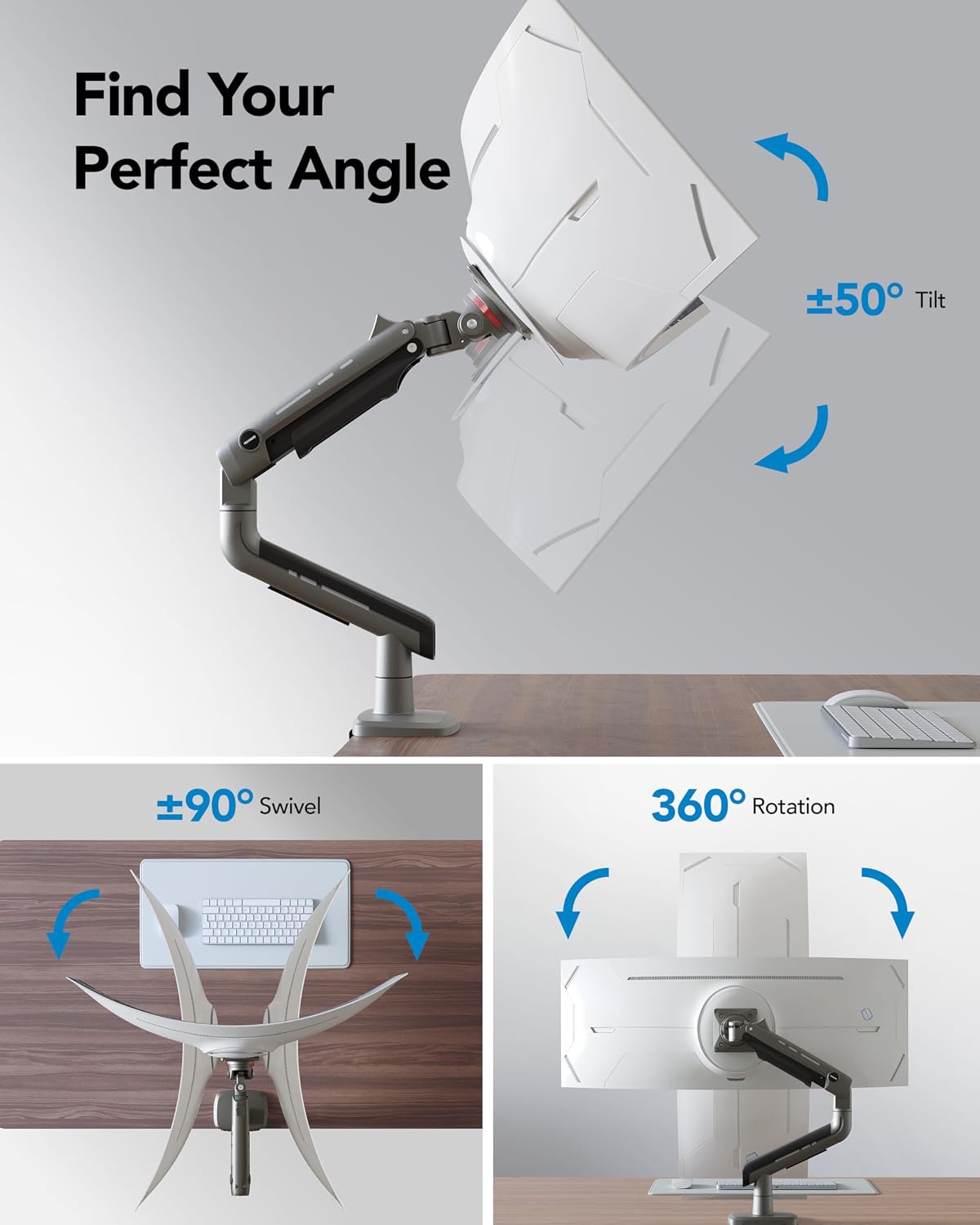TitanLift Heavy Duty Monitor Arm for Screens up to 49", Holds 44 lbs, Aluminum Ultrawide Screen Monitor Mount, Fully Adjustable Single Gaming Desk Mount with Dual C-Clamp, Max VESA 100x100mm