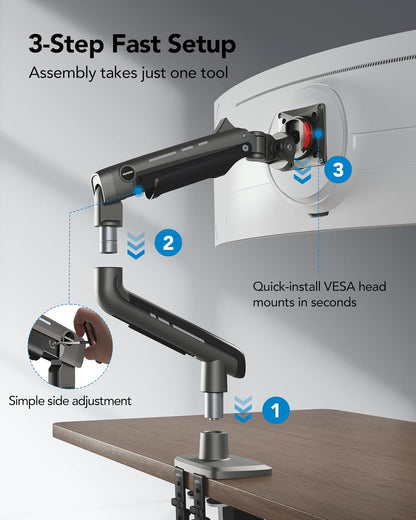 TitanLift Heavy Duty Monitor Arm for Screens up to 49", Holds 44 lbs, Aluminum Ultrawide Screen Monitor Mount, Fully Adjustable Single Gaming Desk Mount with Dual C-Clamp, Max VESA 100x100mm