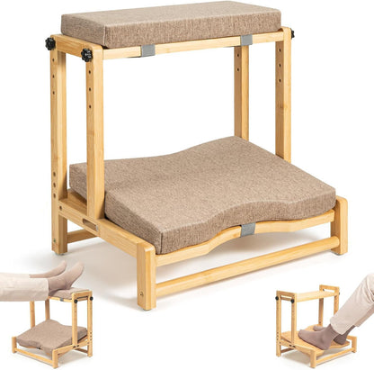 Adjustable Bamboo Under Desk Footrest, Ergonomic Double Step Desk Foot Stool with Removable Cushion,Adjustable 4 Heights Leg Rest, Wide Foot Rest Under Desk Ideal for Office, Gaming, and Study