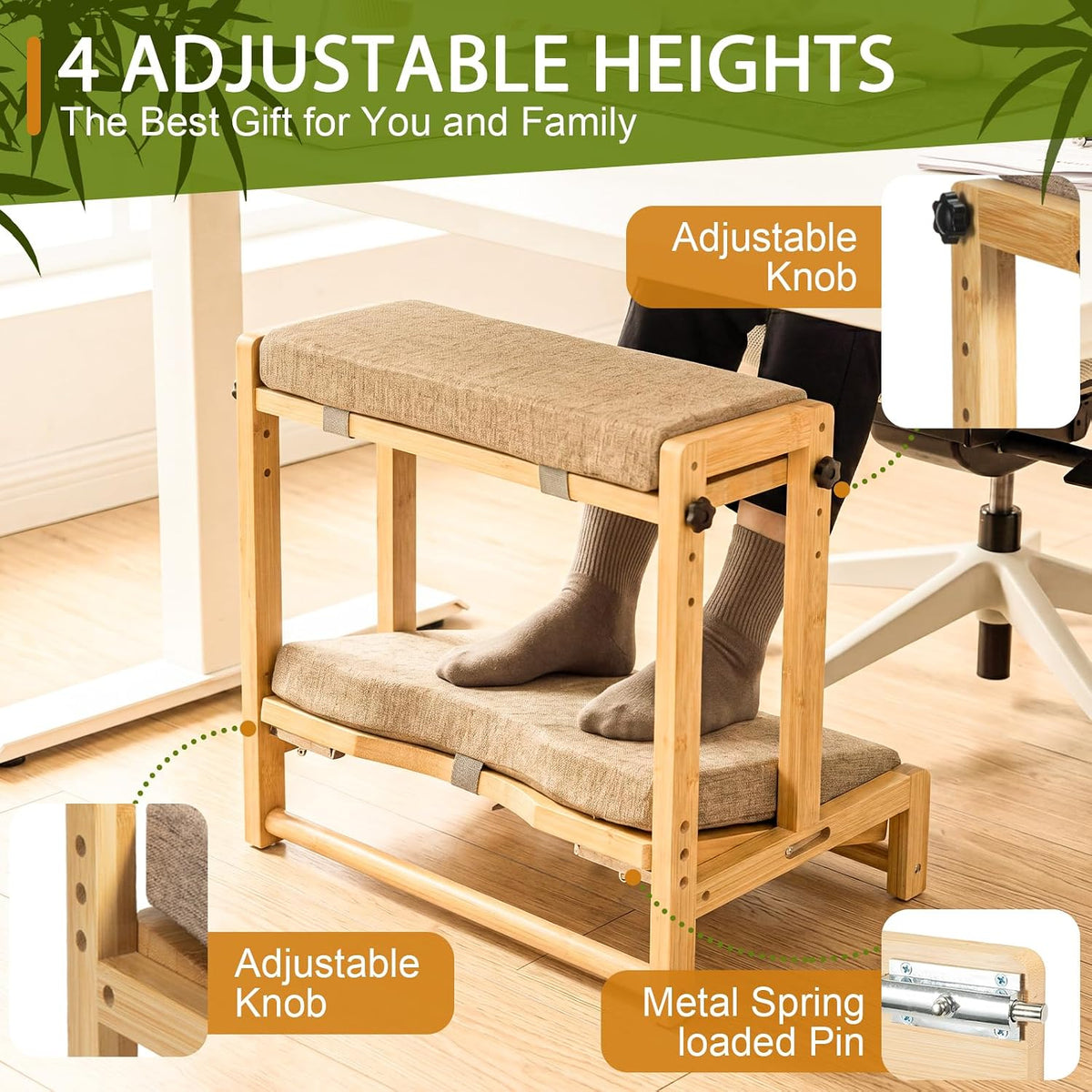 Adjustable Bamboo Under Desk Footrest, Ergonomic Double Step Desk Foot Stool with Removable Cushion,Adjustable 4 Heights Leg Rest, Wide Foot Rest Under Desk Ideal for Office, Gaming, and Study
