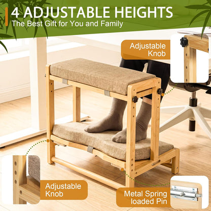 Adjustable Bamboo Under Desk Footrest, Ergonomic Double Step Desk Foot Stool with Removable Cushion,Adjustable 4 Heights Leg Rest, Wide Foot Rest Under Desk Ideal for Office, Gaming, and Study