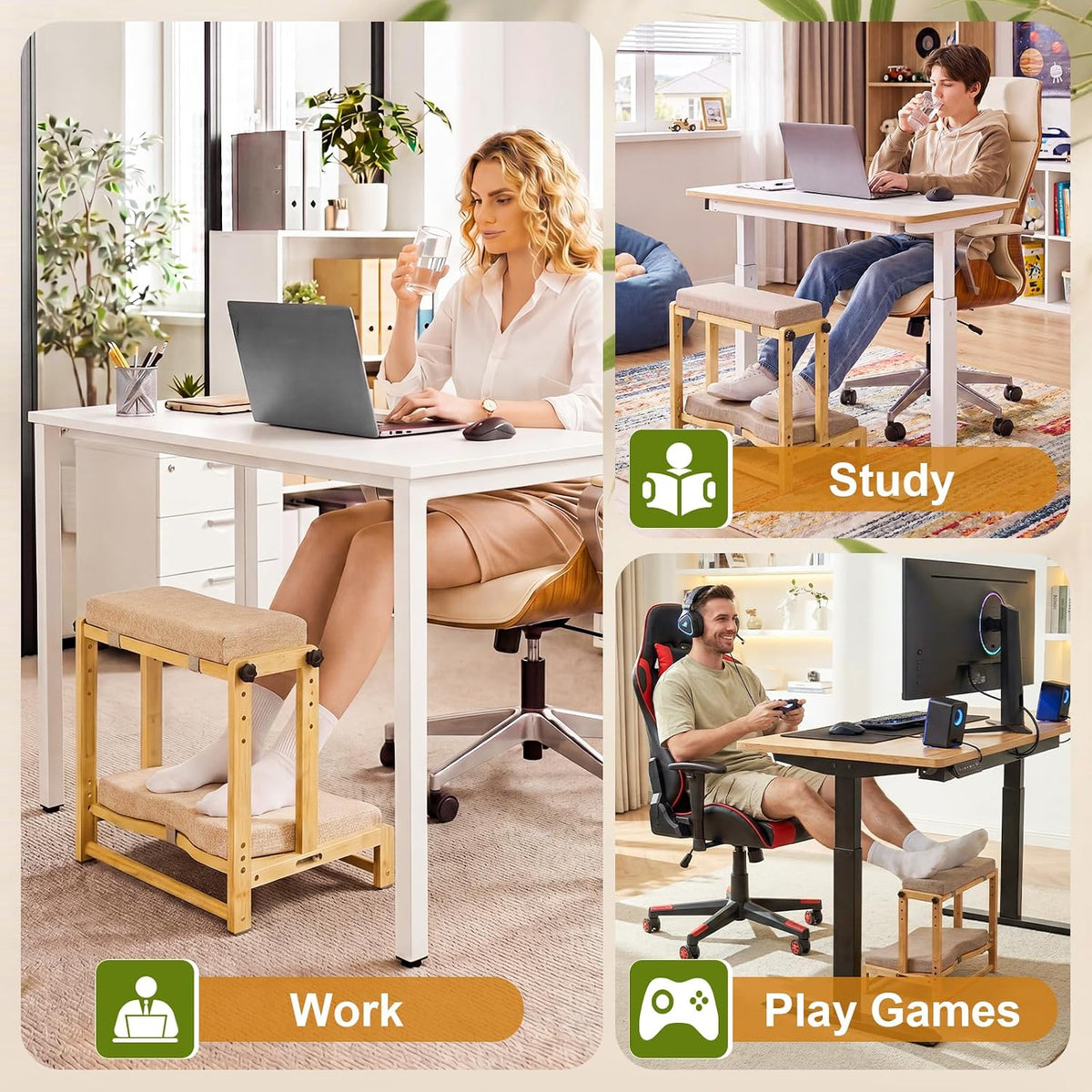 Adjustable Bamboo Under Desk Footrest, Ergonomic Double Step Desk Foot Stool with Removable Cushion,Adjustable 4 Heights Leg Rest, Wide Foot Rest Under Desk Ideal for Office, Gaming, and Study