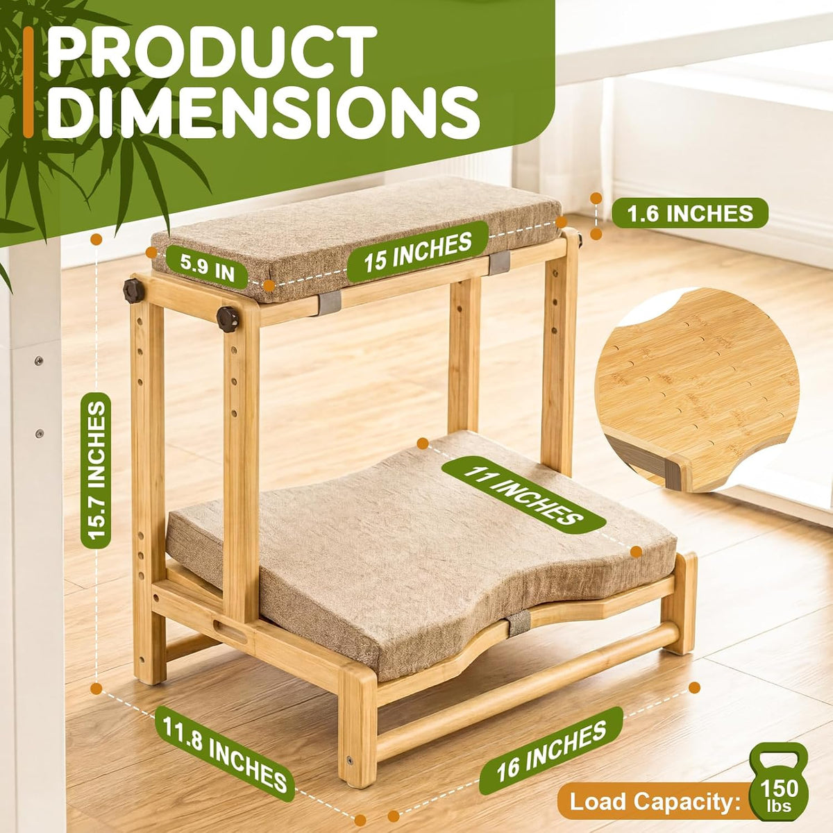Adjustable Bamboo Under Desk Footrest, Ergonomic Double Step Desk Foot Stool with Removable Cushion,Adjustable 4 Heights Leg Rest, Wide Foot Rest Under Desk Ideal for Office, Gaming, and Study
