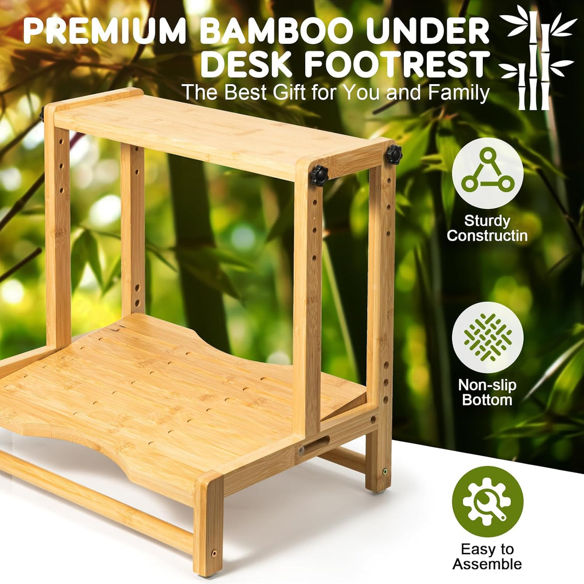 Adjustable Bamboo Under Desk Footrest, Ergonomic Double Step Desk Foot Stool with Removable Cushion,Adjustable 4 Heights Leg Rest, Wide Foot Rest Under Desk Ideal for Office, Gaming, and Study