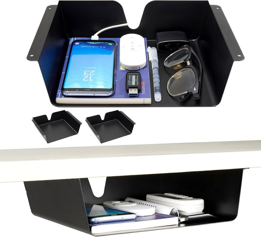 Under Desk Storage Shelf 2 Pack- Under Desk Drawer With Built in Cable Management For Home, Office, Gaming Setups, Kitchen (Black)