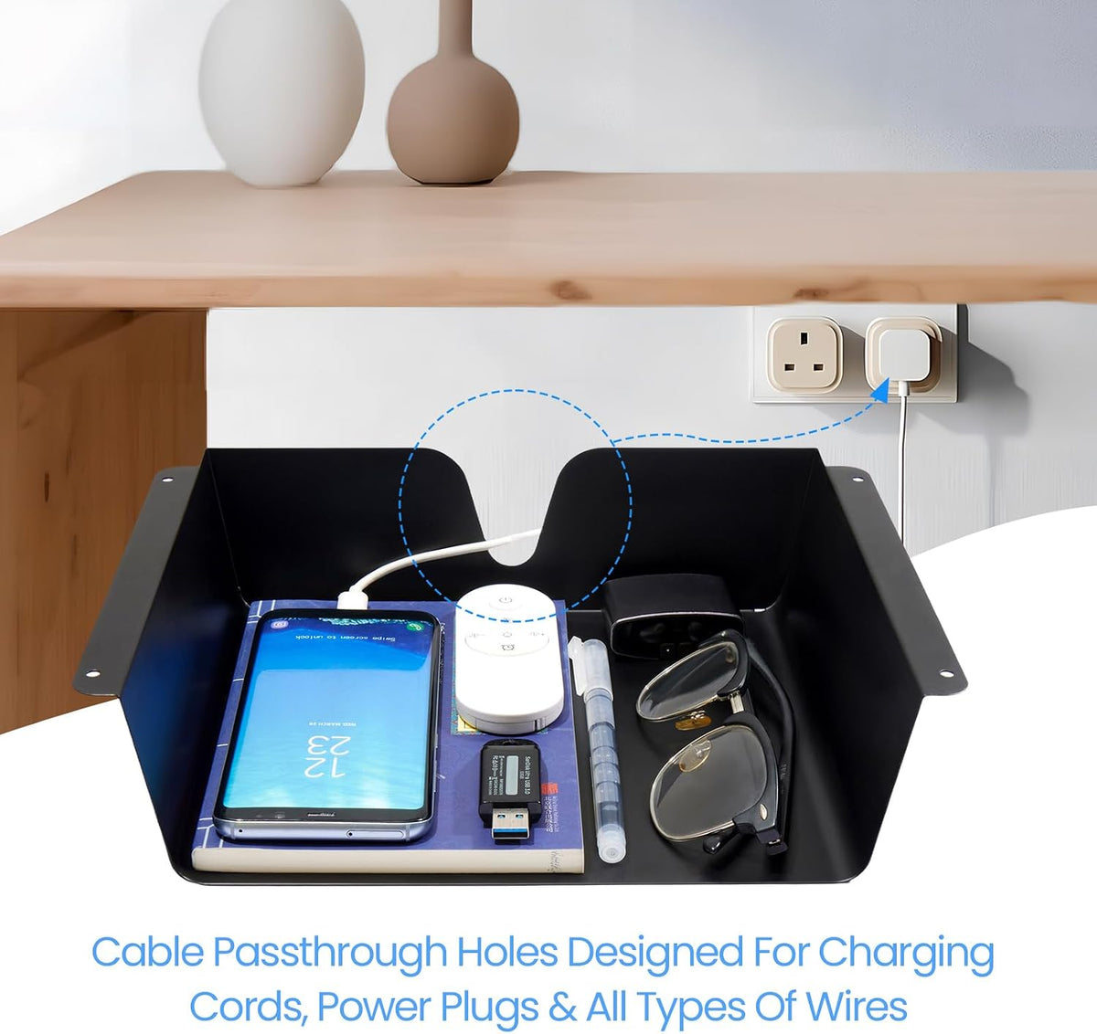 Under Desk Storage Shelf 2 Pack- Under Desk Drawer With Built in Cable Management For Home, Office, Gaming Setups, Kitchen (Black)