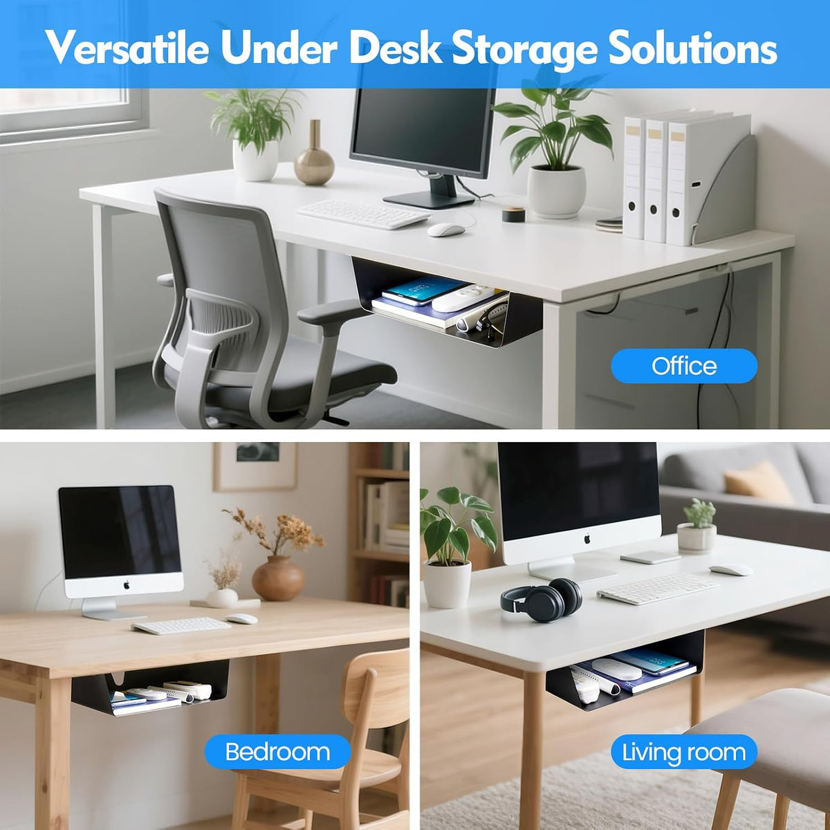Under Desk Storage Shelf 2 Pack- Under Desk Drawer With Built in Cable Management For Home, Office, Gaming Setups, Kitchen (Black)