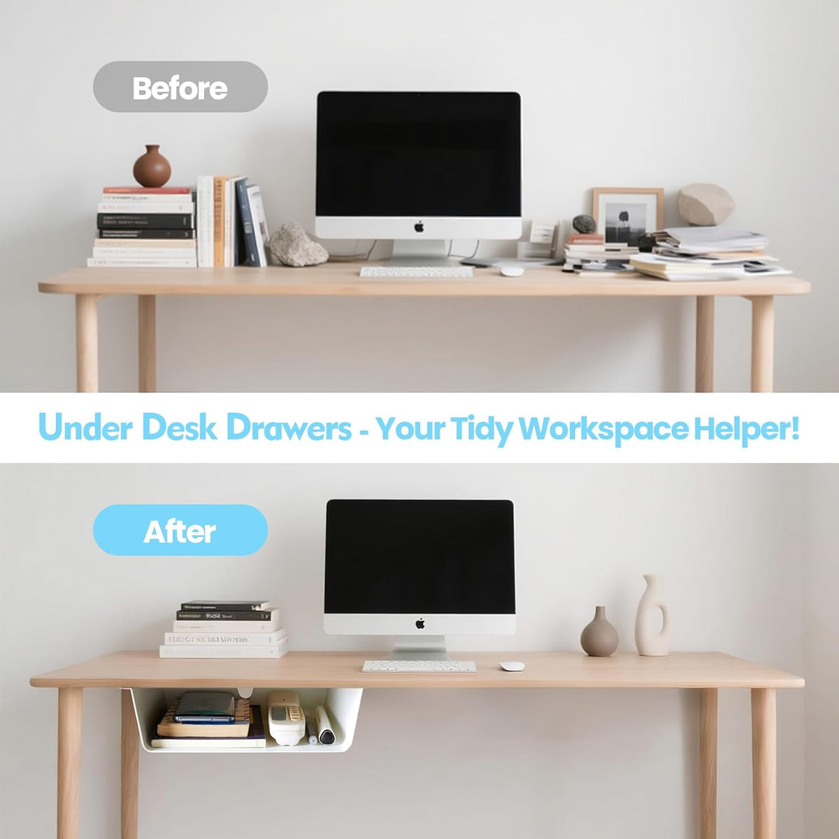 Under Desk Storage Shelf 2 Pack- Under Desk Drawer With Built in Cable Management For Home, Office, Gaming Setups, Kitchen (Black)