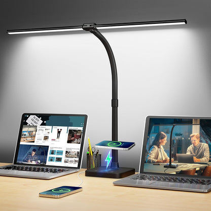 LED Desk Lamp, 24W Double Head Desk Light with Wireless Charging
