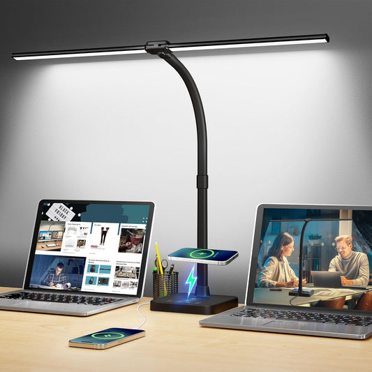 LED Desk Lamp, 24W Double Head Desk Light with Wireless Charging