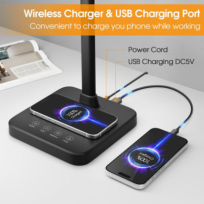 LED Desk Lamp, 24W Double Head Desk Light with Wireless Charging
