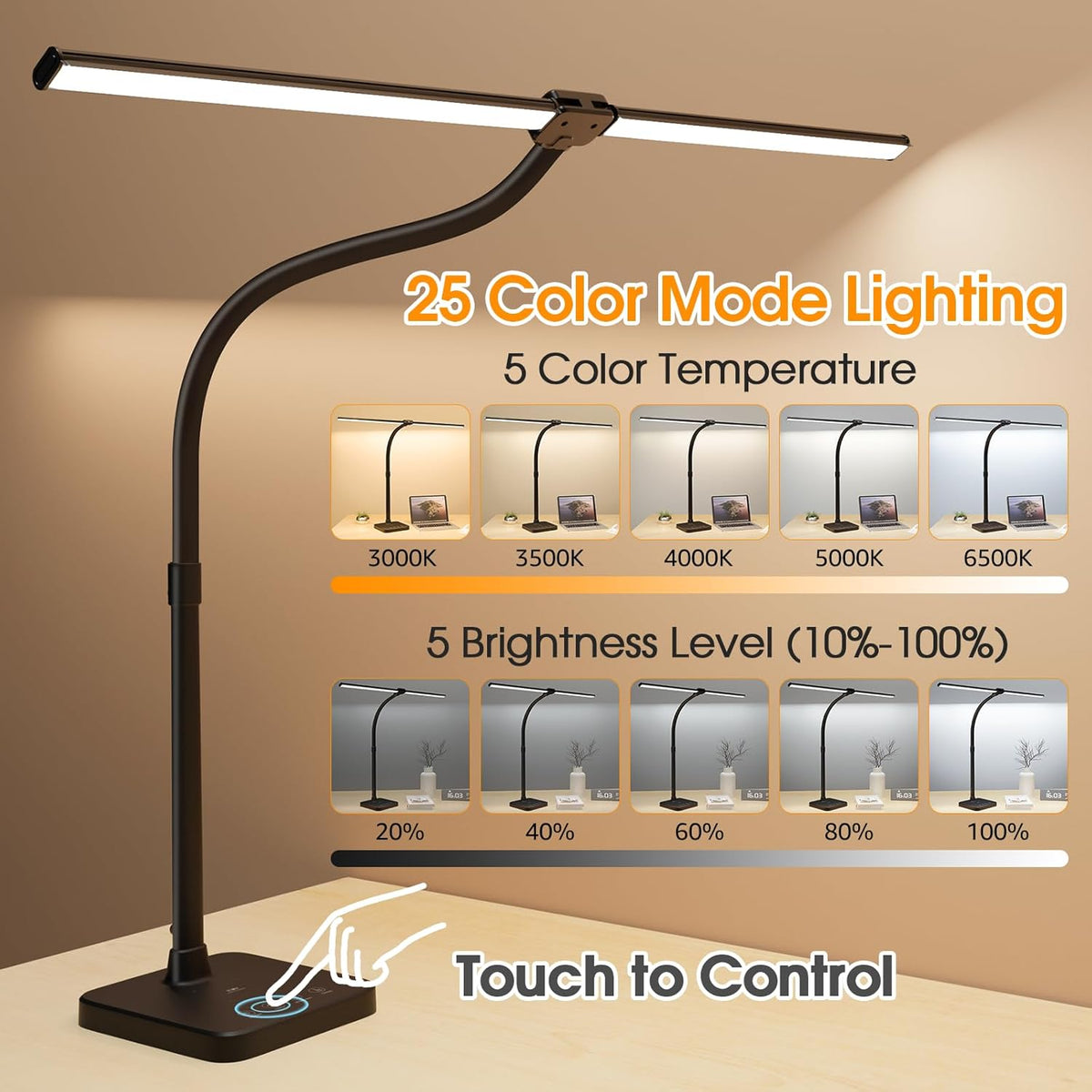LED Desk Lamp, 24W Double Head Desk Light with Wireless Charging