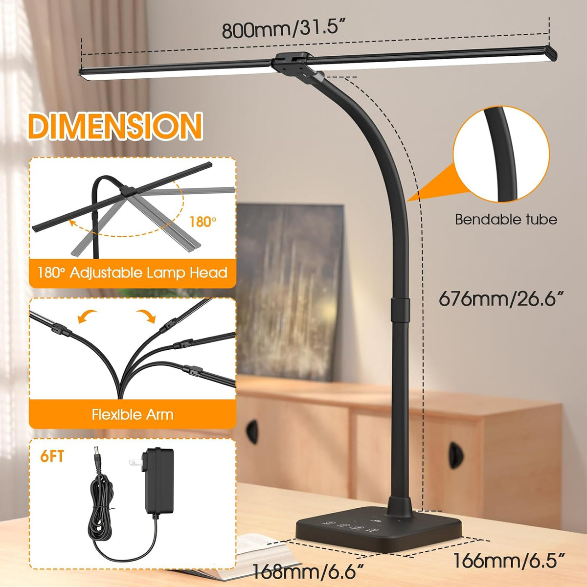 LED Desk Lamp, 24W Double Head Desk Light with Wireless Charging