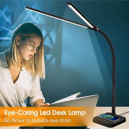 LED Desk Lamp, 24W Double Head Desk Light with Wireless Charging