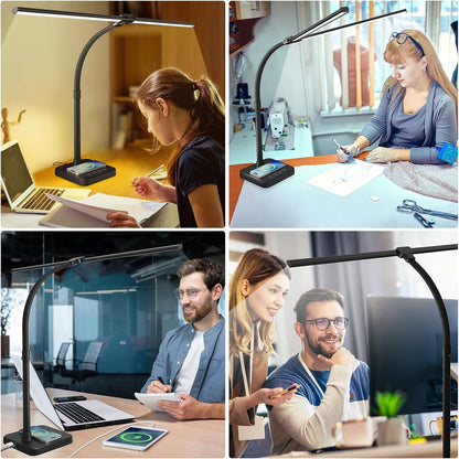 LED Desk Lamp, 24W Double Head Desk Light with Wireless Charging