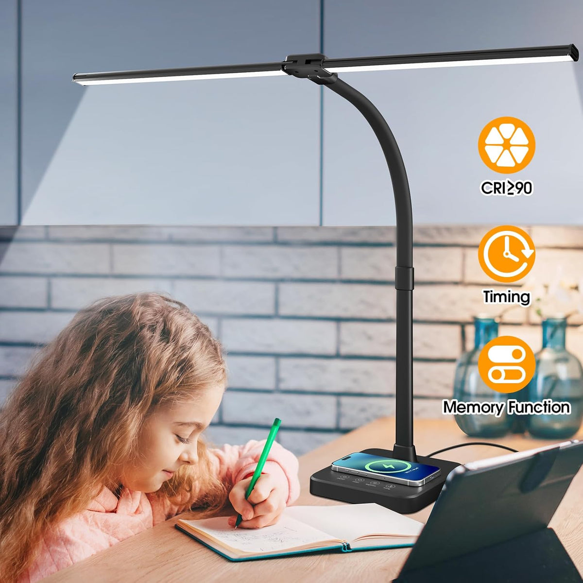 LED Desk Lamp, 24W Double Head Desk Light with Wireless Charging
