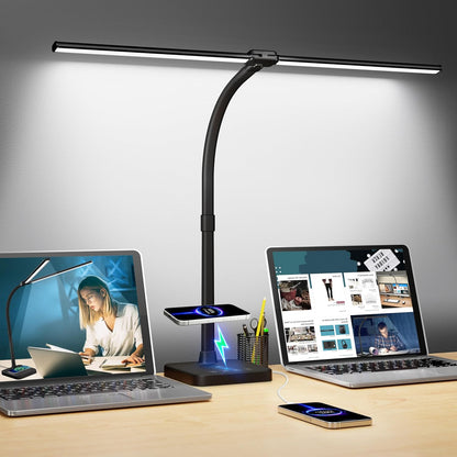 LED Desk Lamp, 24W Double Head Desk Light with Wireless Charging