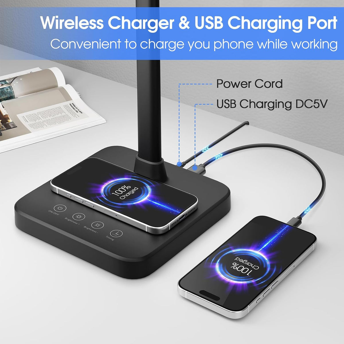 LED Desk Lamp, 24W Double Head Desk Light with Wireless Charging