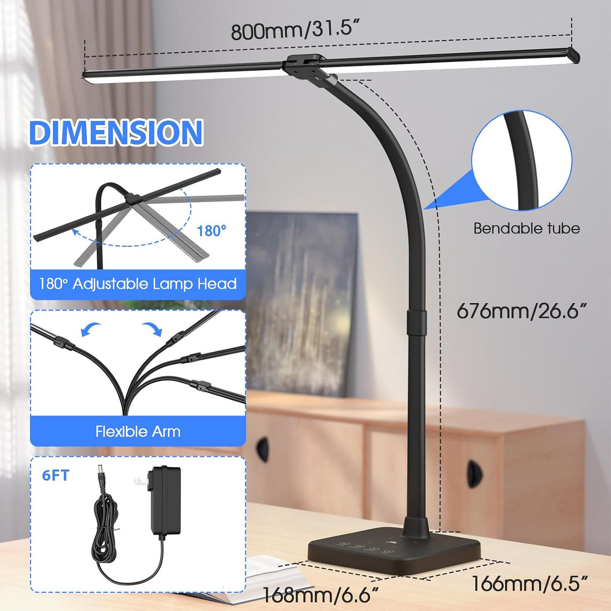 LED Desk Lamp, 24W Double Head Desk Light with Wireless Charging