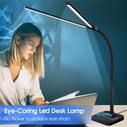 LED Desk Lamp, 24W Double Head Desk Light with Wireless Charging
