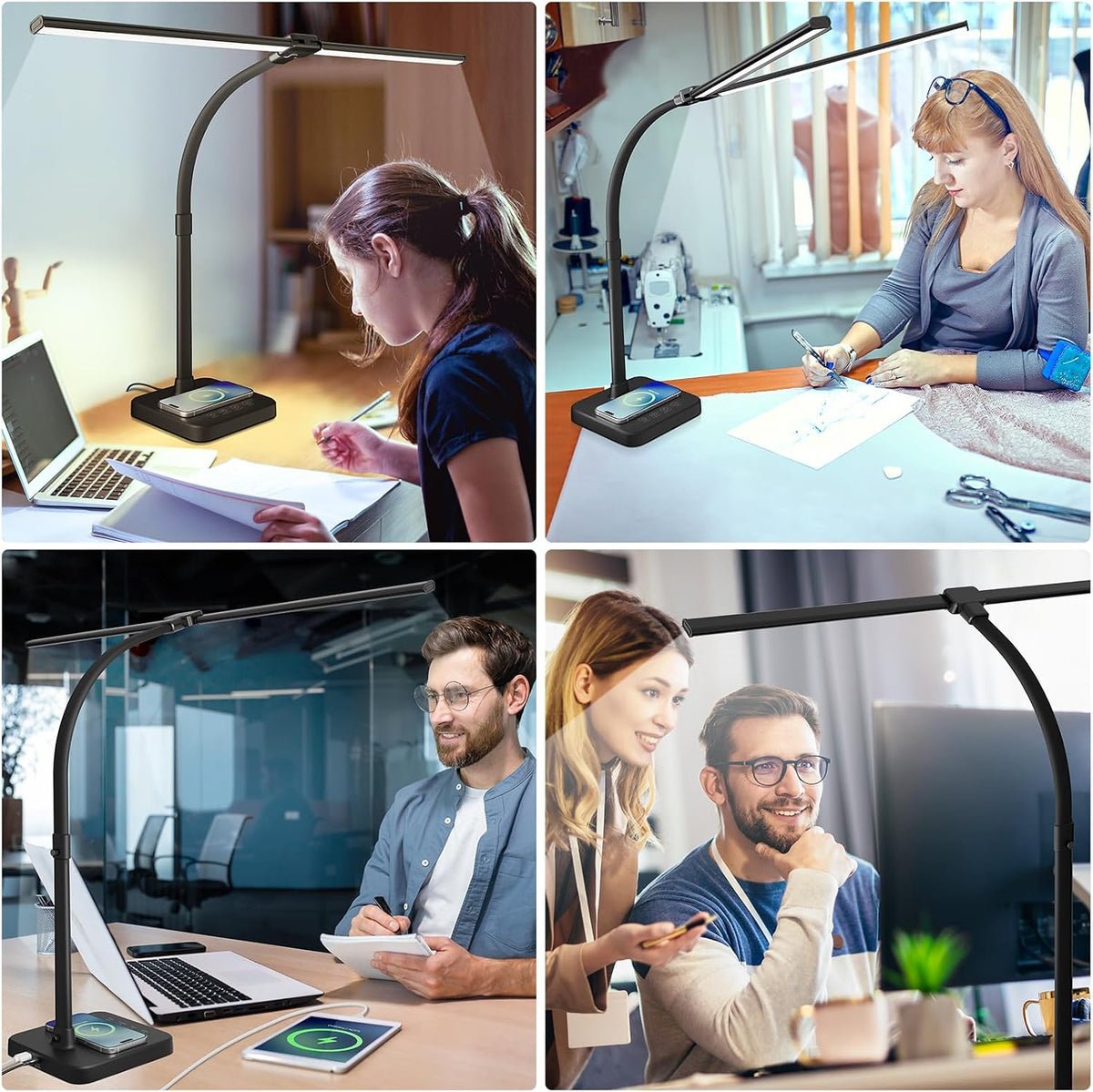LED Desk Lamp, 24W Double Head Desk Light with Wireless Charging