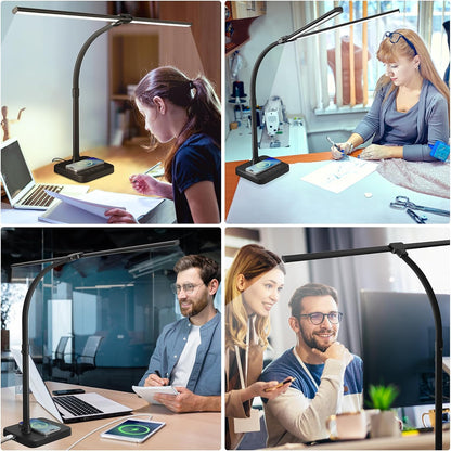 LED Desk Lamp, 24W Double Head Desk Light with Wireless Charging