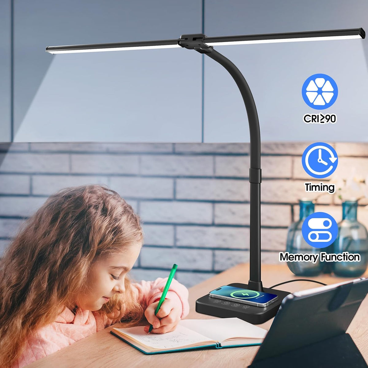 LED Desk Lamp, 24W Double Head Desk Light with Wireless Charging
