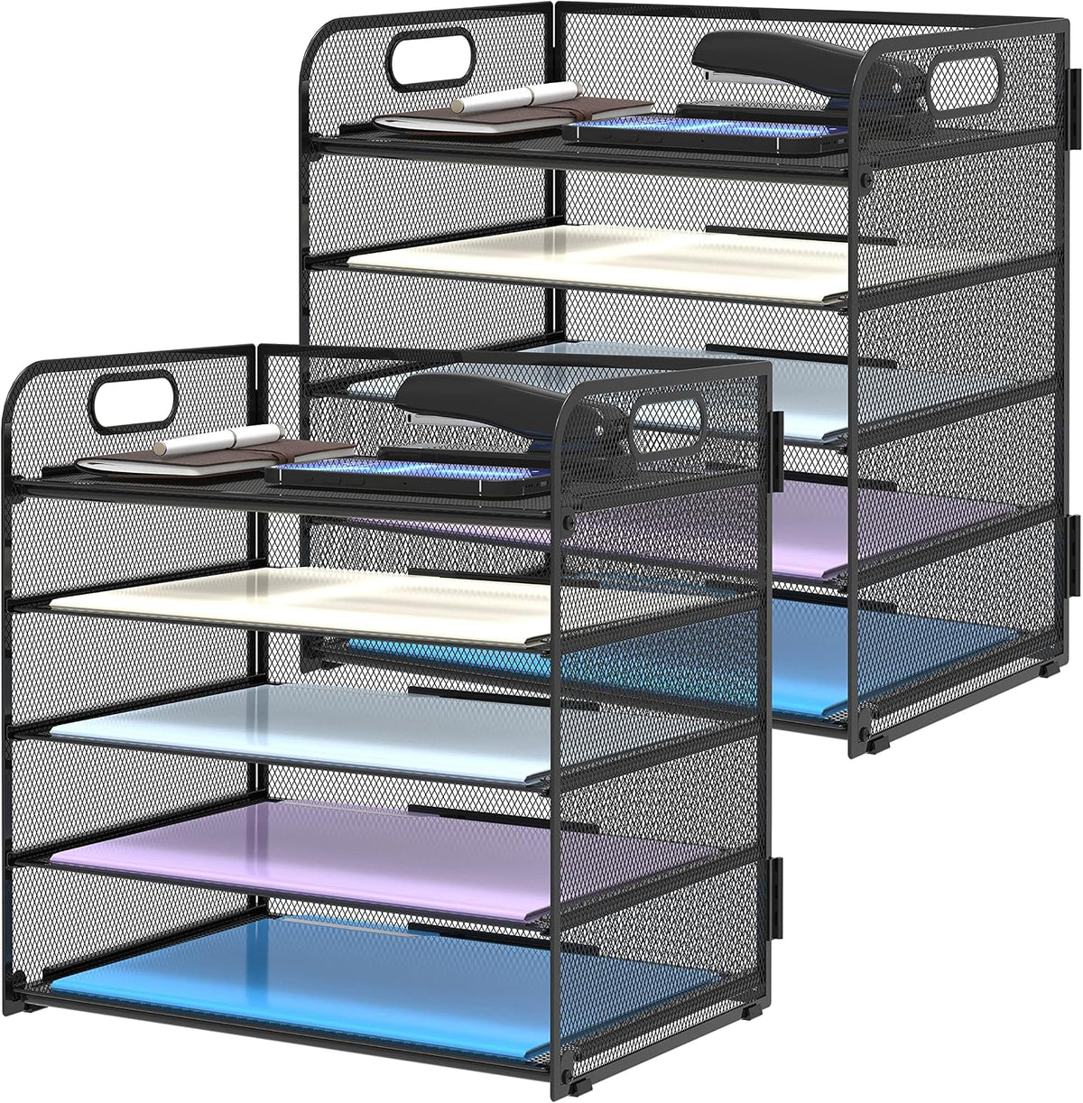 Supeasy 5 Trays Paper Organizer Letter Tray with Handle-Mesh Desk File Holders, Paper Sorter Desk Organizer for Office, Home, Classroom or School