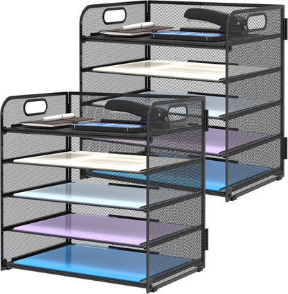 Supeasy 5 Trays Paper Organizer Letter Tray with Handle-Mesh Desk File Holders, Paper Sorter Desk Organizer for Office, Home, Classroom or School