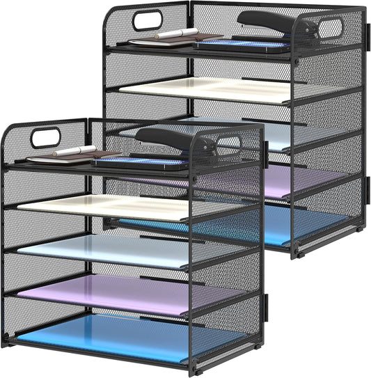 Supeasy 5 Trays Paper Organizer Letter Tray with Handle-Mesh Desk File Holders, Paper Sorter Desk Organizer for Office, Home, Classroom or School
