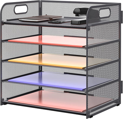Supeasy 5 Trays Paper Organizer Letter Tray with Handle-Mesh Desk File Holders, Paper Sorter Desk Organizer for Office, Home, Classroom or School