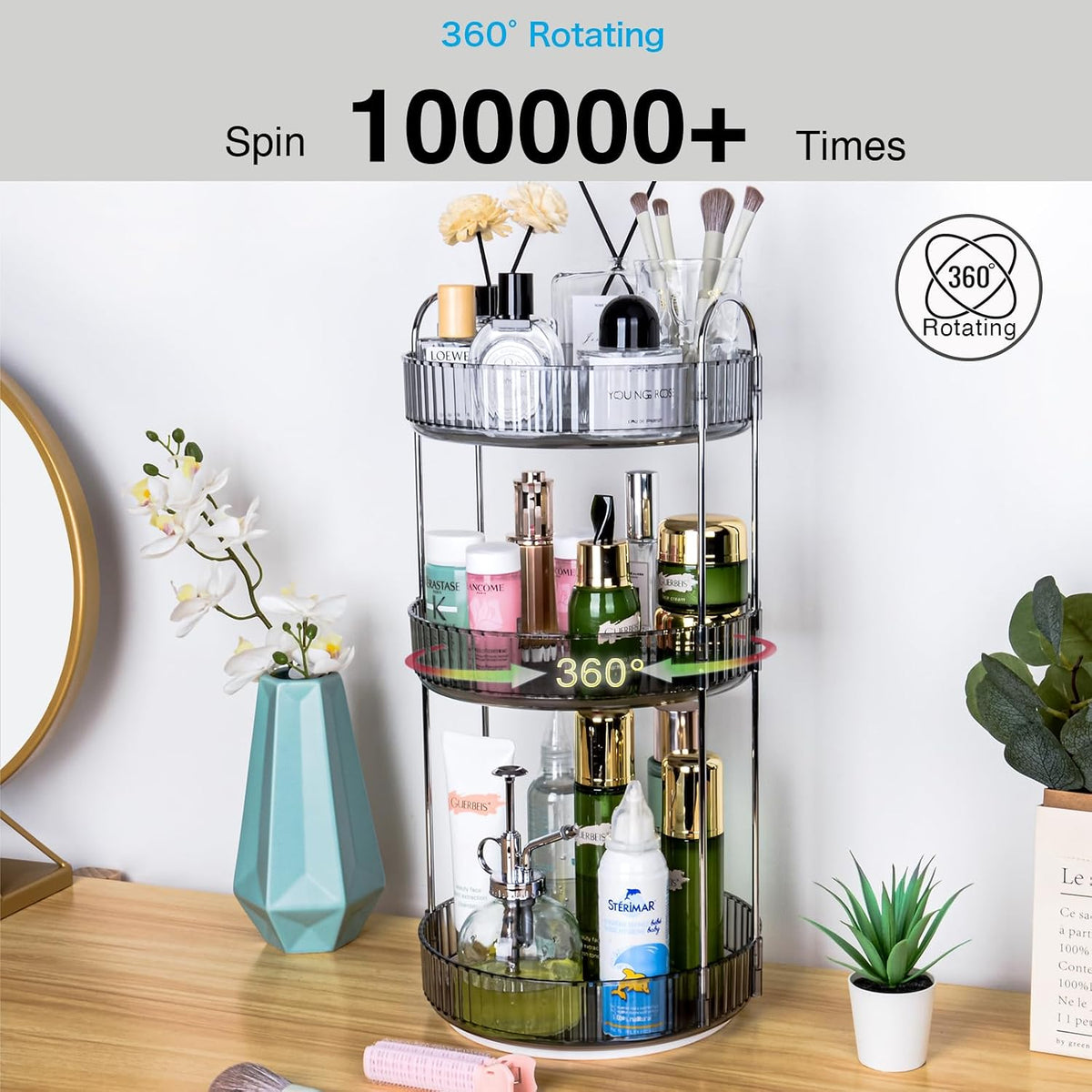 360 Rotating Makeup Organizer, 2 Tier Lazy Susan Bathroom Counter Organizer, Skincare Organizers, Spinning Perfume Organizer & Vanity Organizer Countertop (Classic Grey, 2 Tier)