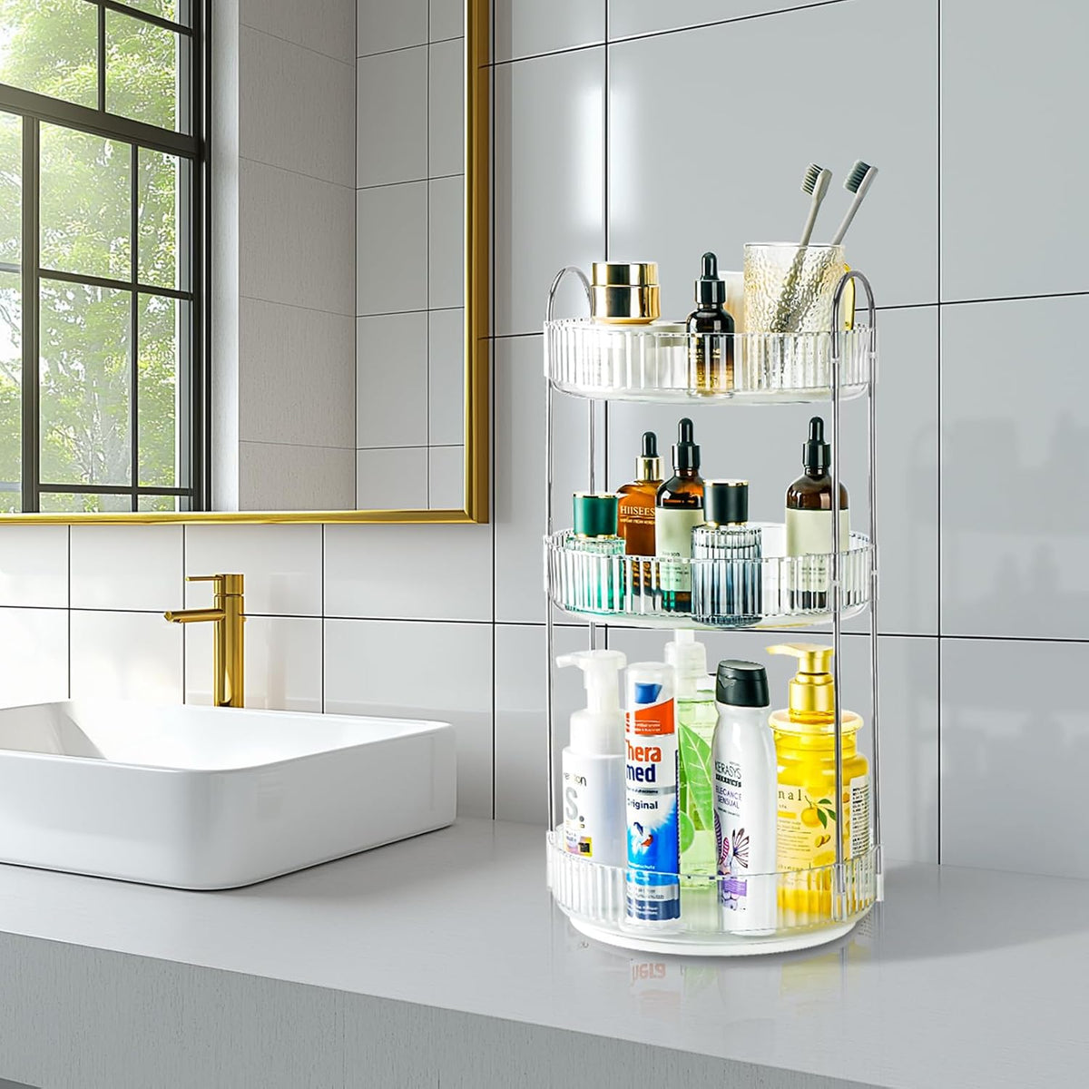 360 Rotating Makeup Organizer, 2 Tier Lazy Susan Bathroom Counter Organizer, Skincare Organizers, Spinning Perfume Organizer & Vanity Organizer Countertop (Classic Grey, 2 Tier)