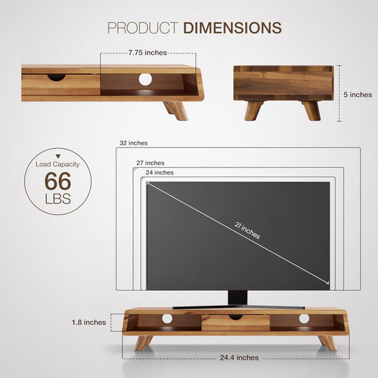 Acacia Monitor Stand with Drawer, Multi-Purpose Storage (Patented)
