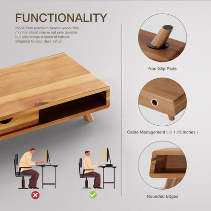 Acacia Monitor Stand with Drawer, Multi-Purpose Storage (Patented)