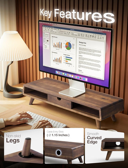 Acacia Monitor Stand with Drawer, Multi-Purpose Storage (Patented)