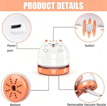Mini Desktop Vacuum Cleaner, Portable USB Vacuum Cleaner for Desk Mini Cute Cartoon Desktop Vacuum for Cleaning Eraser Crumbs, Dust, Crumbs, Computer, Keyboard and Car (White Orange)