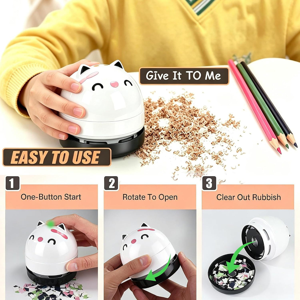 Mini Desktop Vacuum Cleaner, Portable USB Vacuum Cleaner for Desk Mini Cute Cartoon Desktop Vacuum for Cleaning Eraser Crumbs, Dust, Crumbs, Computer, Keyboard and Car (White Orange)