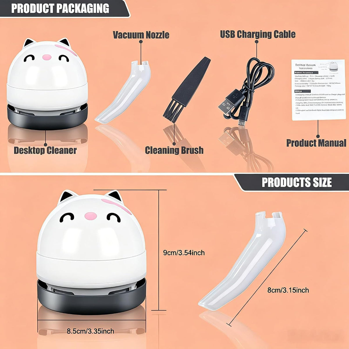 Mini Desktop Vacuum Cleaner, Portable USB Vacuum Cleaner for Desk Mini Cute Cartoon Desktop Vacuum for Cleaning Eraser Crumbs, Dust, Crumbs, Computer, Keyboard and Car (White Orange)