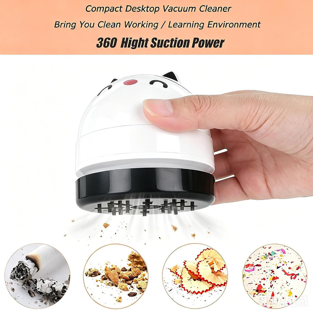 Mini Desktop Vacuum Cleaner, Portable USB Vacuum Cleaner for Desk Mini Cute Cartoon Desktop Vacuum for Cleaning Eraser Crumbs, Dust, Crumbs, Computer, Keyboard and Car (White Orange)