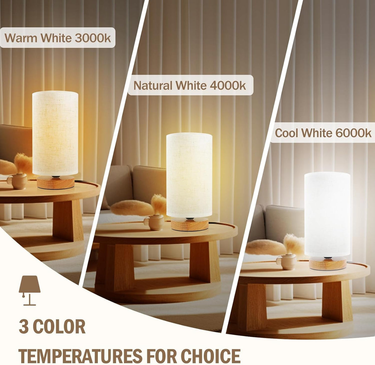 Small Bedside Table Lamp for Bedroom, Minimalist Wood Base & Round Fabric Shade, Mini Cute Cozy Warm White Nightstand Boho Lamp, Study Desk Night Stand Light for Room, Dorm, Nursery, Living Room